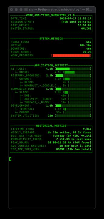 a green font terminal display showing productivity tracking of work applications, time spent on tasks, focus mode, and more