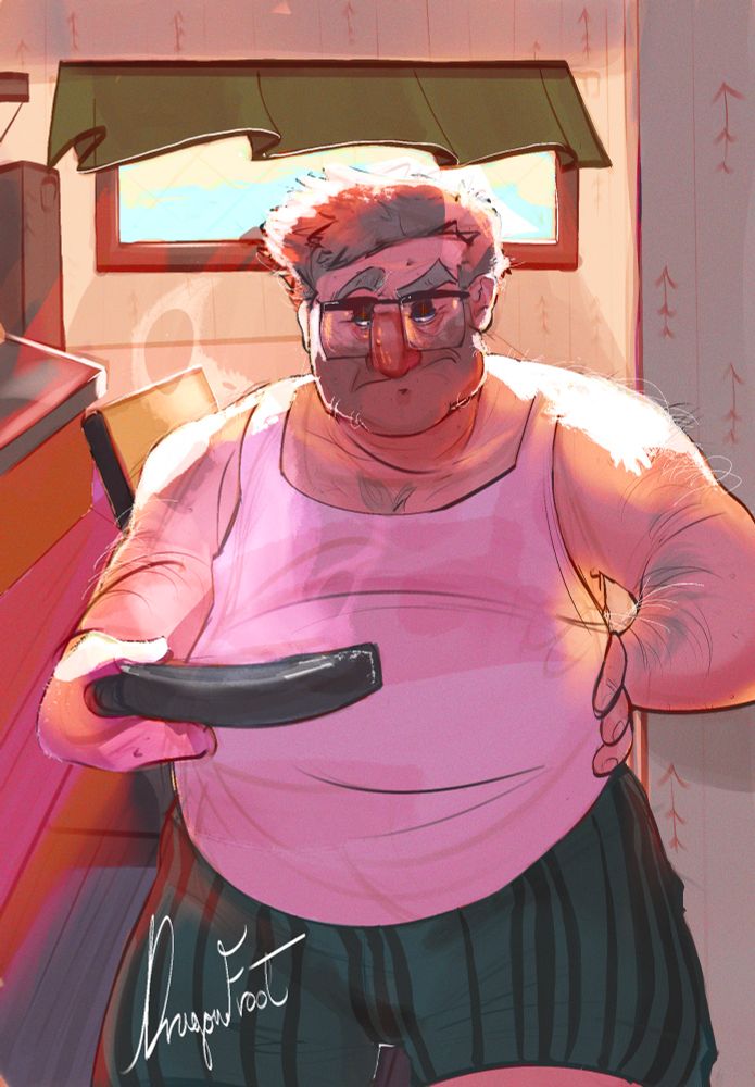 Gravity Falls character Stan Pines, or 'Grunkle Stan' holding a frying pan in his kitchen, with a pink oven mitt. 