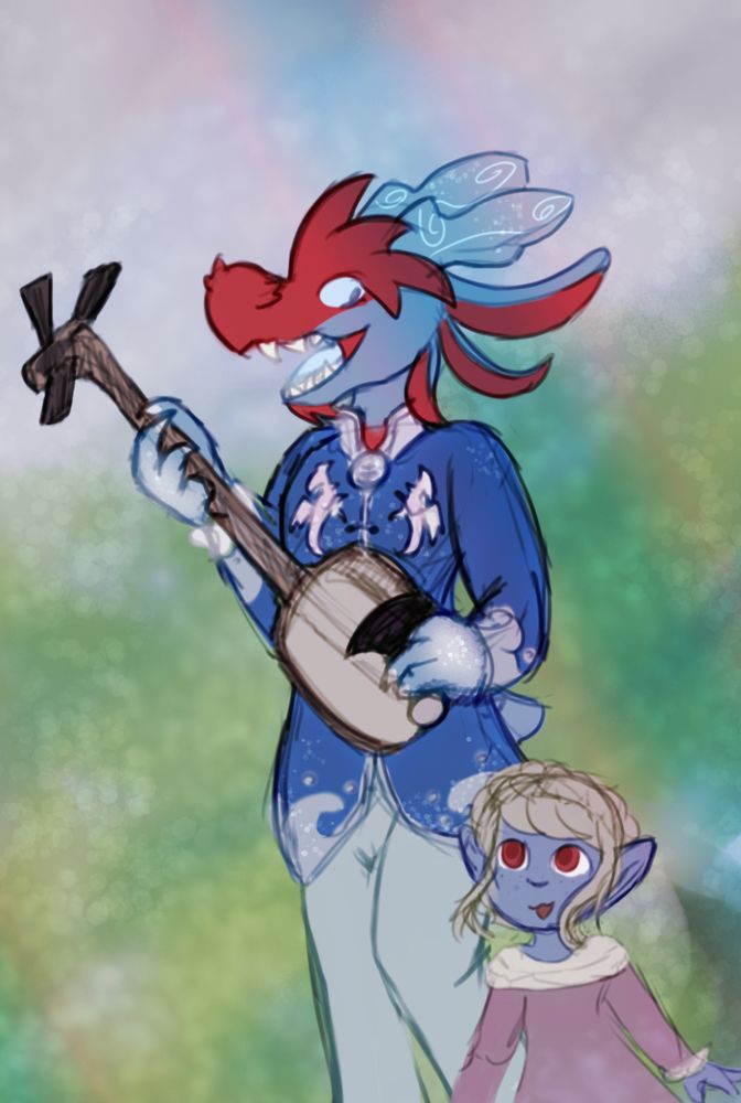 Tidesong the dragonborn bard playing a tune on the shamisen for a happy and cute little drow girl. 