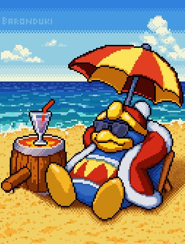 Pixel art of King Dedede. He’s lounging on the beach with sunglasses on and sitting under an umbrella. Next to him is a drink with a straw, resting on top of his hammer.