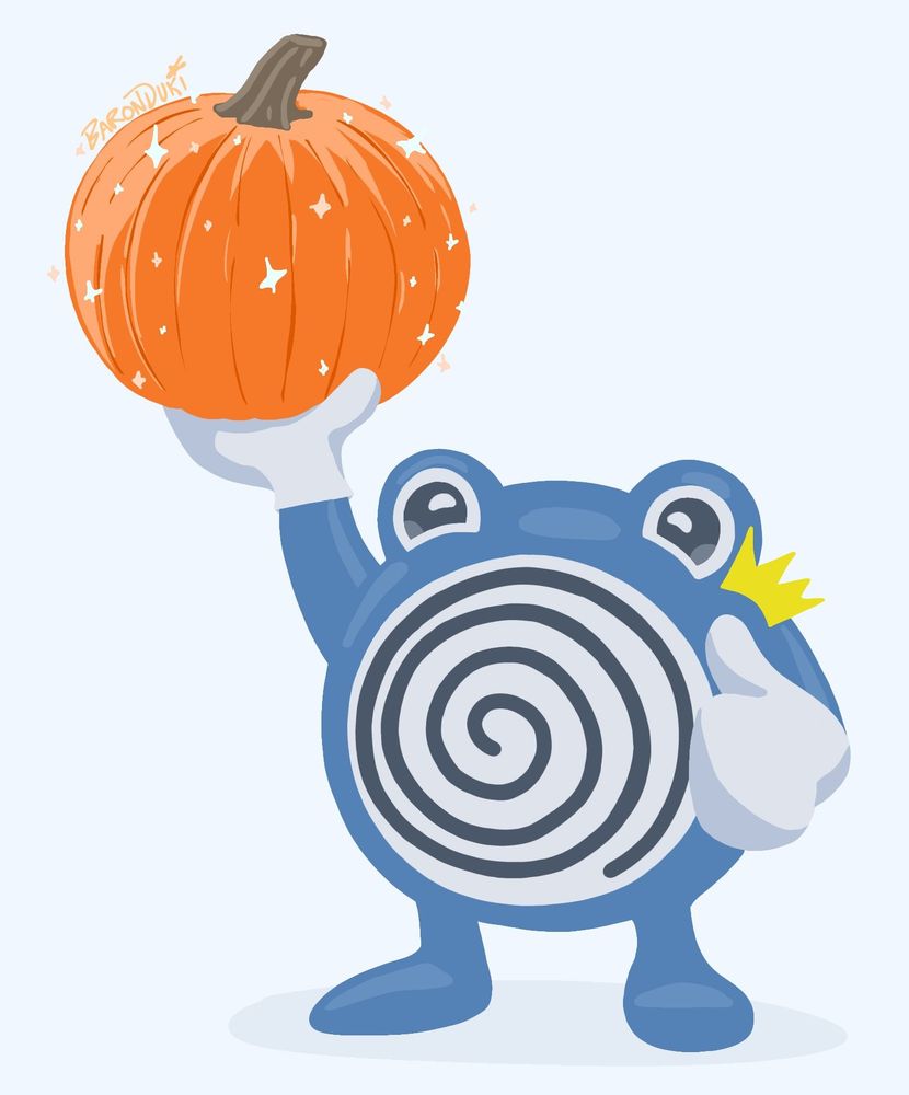 digital art of poliwhirl from pokemon holding a pumpkin up in the air with one hand and giving a thumbs up with the other hand