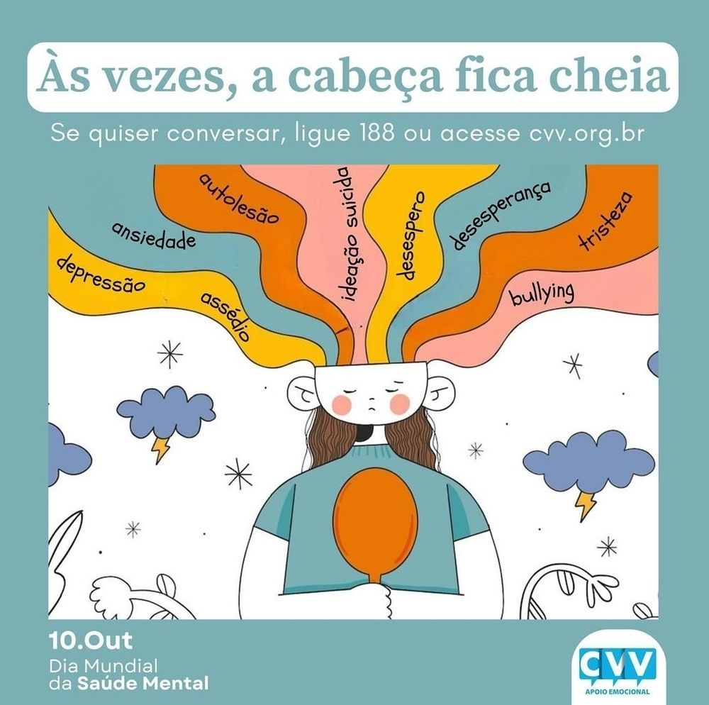 Imagem de uma ilustração onde aparece uma pessoa segurando um espelho no colo, com uma expressão neutra. De sua cabeça aberta, saem faixas de cores diferentes, que contêm palavras como "ansiedade", "autolesão", "ideação suicida", "desespero", "desesperança", "tristeza", "bullying", "assédio" e "depressão". O fundo é azul com nuvens e raios representando um clima de preocupação. No topo da imagem, há o texto: "Às vezes, a cabeça fica cheia. Se quiser conversar, ligue 188 ou acesse cvv.org.br". No rodapé, lê-se: "10.Out - Dia Mundial da Saúde Mental", com o logotipo do CVV (Centro de Valorização da Vida) no canto inferior direito.