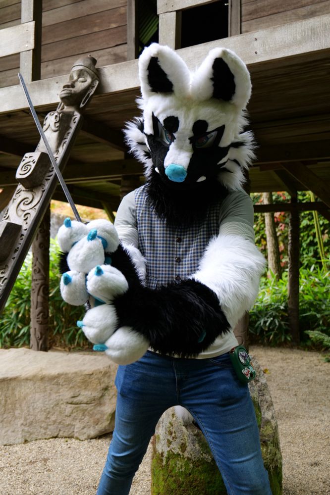 Black and white dog wielding a katana