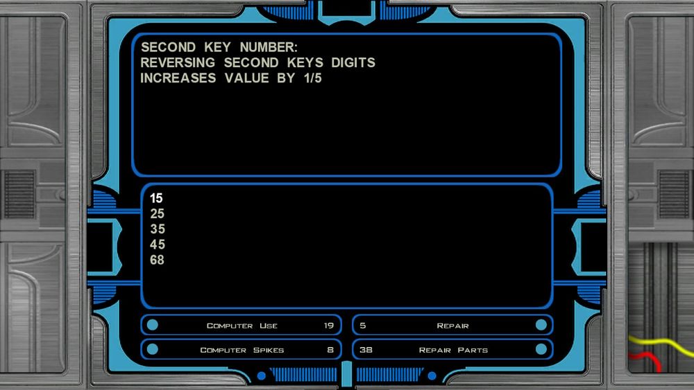 A screenshot from the video game Knights of the Old Republic II. A screen displays a math puzzle: "Second key number: Reversing second keys digits increases value by 1/5" and the options to answer the puzzle are 15, 25, 35, 45, and 68.