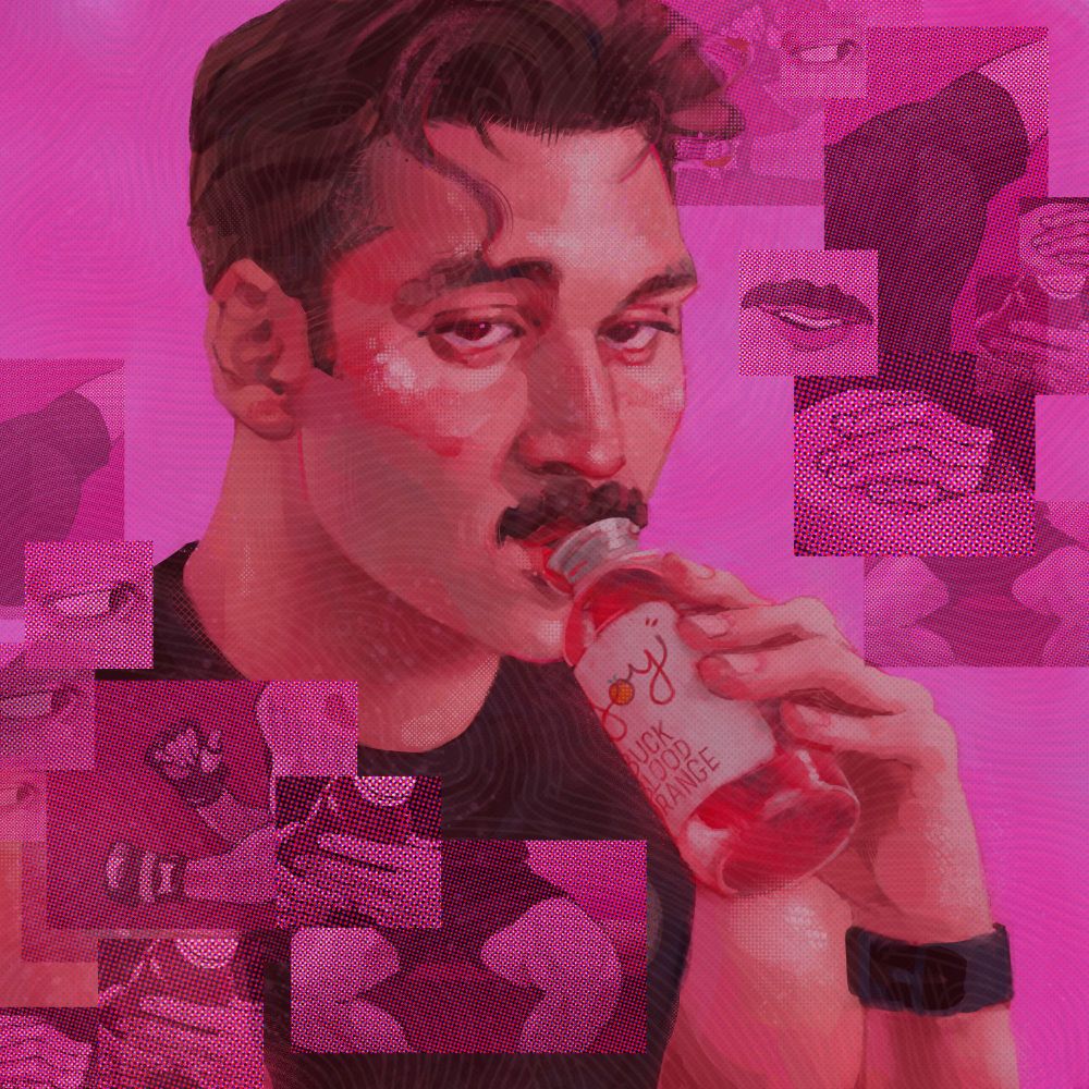 A digital painting of Eddie Diaz drinking juice. He is looking directly at the viewer with hooded eyes as he sweats and drinks red juice. The label on the bottle of juice reads "joy" in cursive, with the "o" as a little orange, beneath that is the words "Buck Blood Orange" in all caps. His face is flushed and sweaty, as if he just finished working out. He is wearing a sleeveless black shirt and a black wrist watch. Surrounding him are images of him during his work out such as: his thighs spread open while he wears shorts, his gloved hands as he uses the punching bag, his mouth as he smiles, his eye looking to the right, his ass, his hand, and his hands as they're holding the bottle of juice. All of those images overlap one another and are toned in the same various shades of pink as the background. The entire piece has a pink hue glazed over it to give it a romantic look. The painting is meant to be Eddie from the perspective of Buck.
