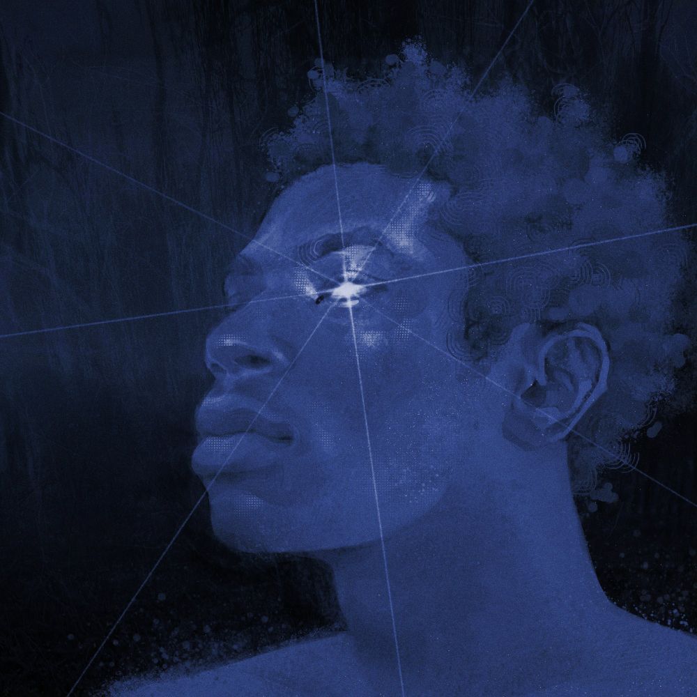 A digital portrait of my partner. They are facing towards the left of the canvas, with their head tilted slightly upwards. He has a blank expression on his face, and his eye is sparkling white. Thin rays of light beam from his eye and shine on the surrounding skin on his face. The background is very dark with textural overlays of dead trees slightly visible behind them. The entire piece is a monochromatic soft blue.