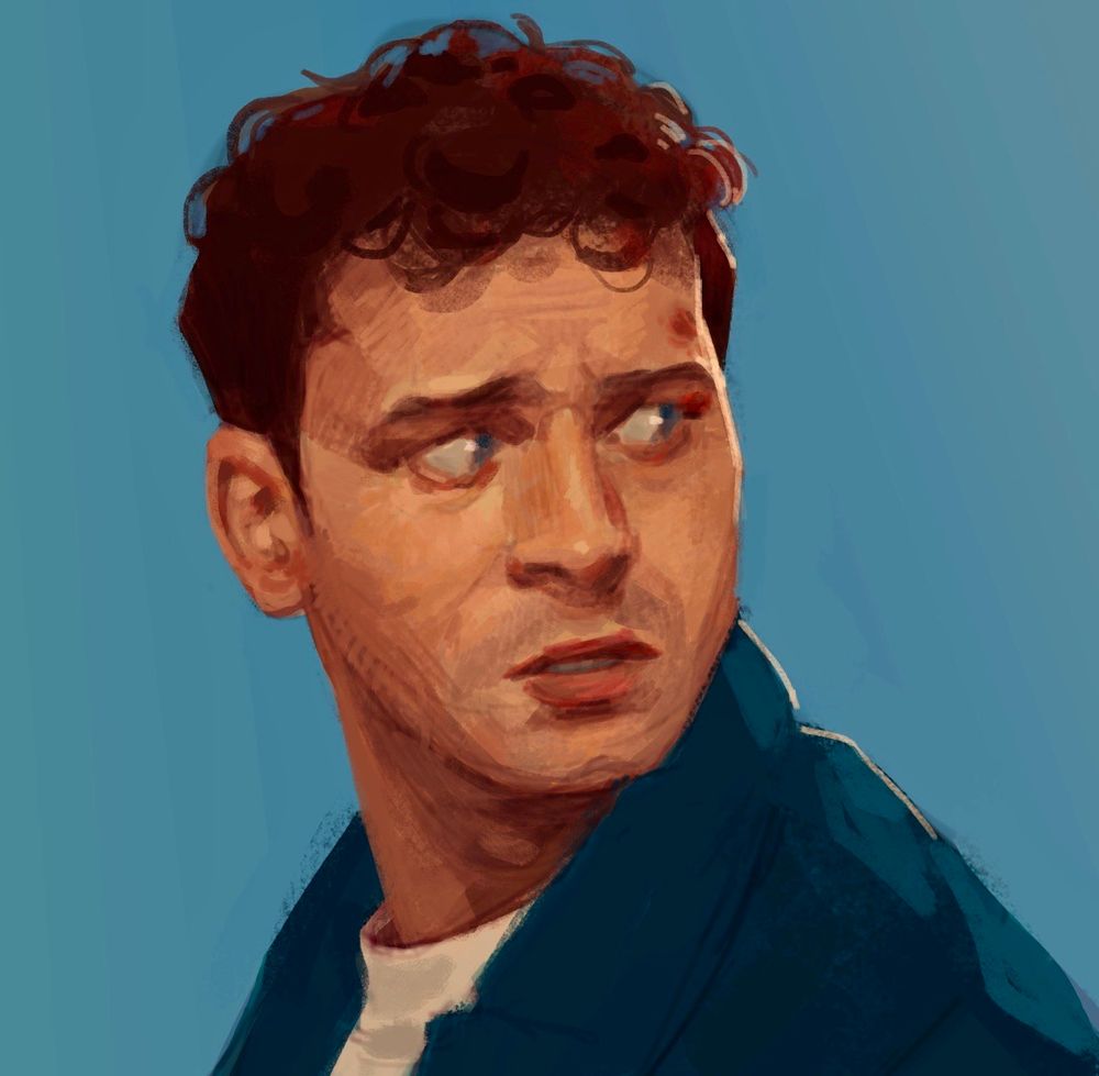 A digital painting of Evan Buckley looking wide-eyed and concerned. He is wearing a white shirt and blue cardigan and the background is blue as well.