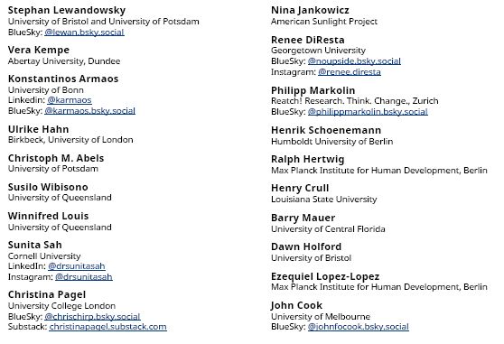 Authors:
Stephan Lewandowsky
University of Bristol and University of Potsdam
BlueSky: @lewan.bsky.social
Vera Kempe
Abertay University, Dundee
Konstantinos Armaos
University of Bonn
Linkedin: @karmaos
BlueSky: @karmaos.bsky.social
Ulrike Hahn
Birkbeck, University of London
Christoph M. Abels
University of Potsdam
Susilo Wibisono
University of Queensland
Winnifred Louis
University of Queensland
Sunita Sah
Cornell University
LinkedIn: @drsunitasah
Instagram: @drsunitasah
Christina Pagel
University College London
BlueSky: @chrischirp.bsky.social
Substack: christinapagel.substack.com
Nina Jankowicz
American Sunlight Project
Renee DiResta
Georgetown University
BlueSky: @noupside.bsky.social
Instagram: @renee.diresta
Philipp Markolin
Reatch! Research. Think. Change., Zurich
BlueSky: @philippmarkolin.bsky.social
Henrik Schoenemann
Humboldt University of Berlin
Ralph Hertwig
Max Planck Institute for Human Development, Berlin
Henry Crull
Louisiana State University
Barry Mauer
University of Central Florida
Dawn Holford
University of Bristol
Ezequiel Lopez-Lopez
Max Planck Institute for Human Development, Berlin
John Cook
University of Melbourne
BlueSky: @johnfocook.bsky.social