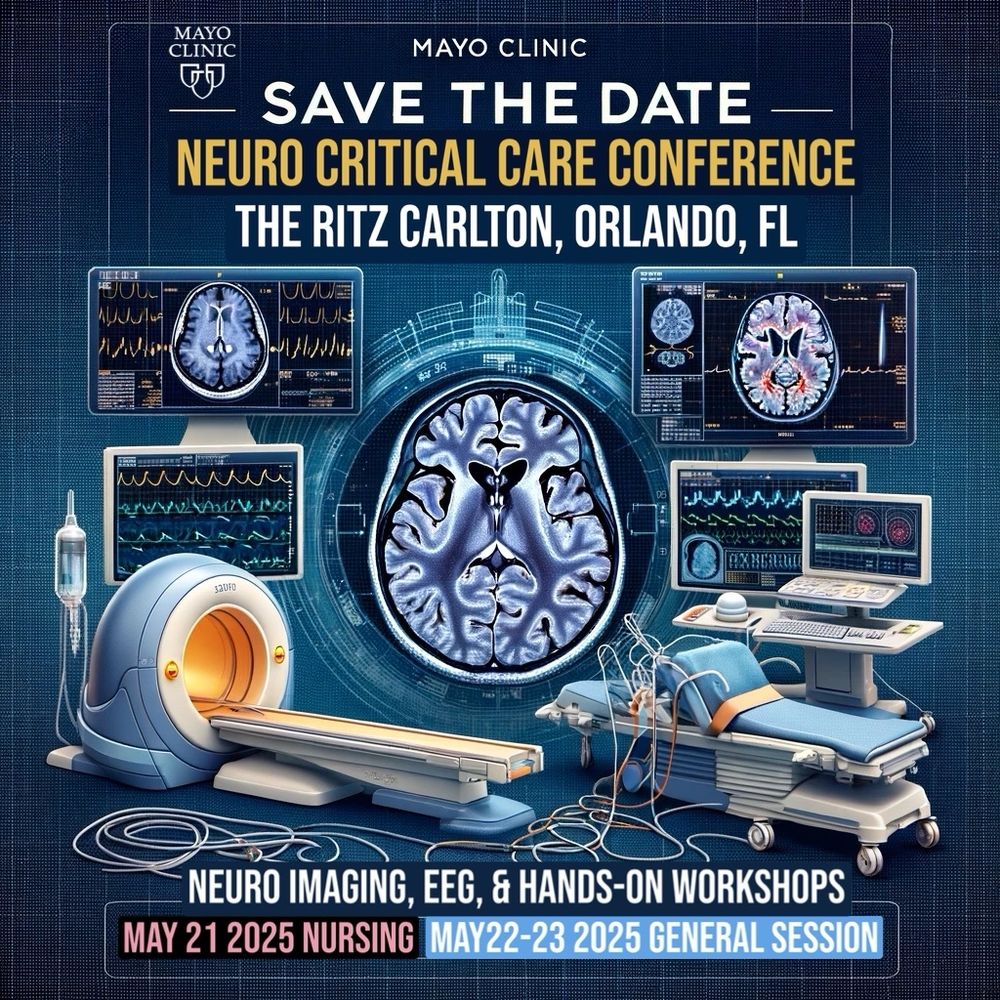 A flyer showing the 11th Annual Neuro and Intensive Care Conference at the Ritz Carlton Orlando, FL May 21-24th 2025 with images of complex brain scanner technology, imaging , TCD, EEG investigating coma and other Neurocritical care conditions. There are also hands on critical care workshops including central lines, intubations, arterial line, tracheostomy, EEG, pharmcotherapy, EVDs, ICP monitoring and more