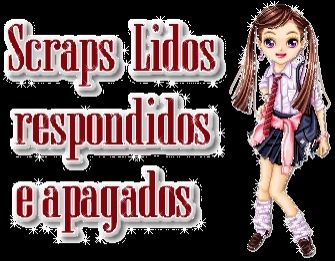 Uma menina com saia preta, casaco rosa amarrado na cintura, sapato escuro, meia branca, camisa de botão branca com gravata colorida, cabelo castanho amarrado, bolsa preta e olhos roxos, ao lado escrito "Scraps lidos, respondidos e apagados".