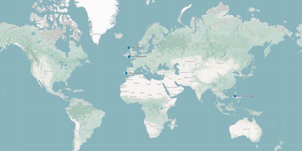 map of the world showing where the Royal Canadian Navy fleet is deployed.