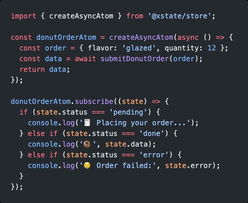 import { createAsyncAtom } from '@xstate/store';

const donutOrderAtom = createAsyncAtom(async () => {
  const order = { flavor: 'glazed', quantity: 12 };
  const data = await submitDonutOrder(order);
  return data;
});

donutOrderAtom.subscribe((state) => {
  if (state.status === 'pending') {
    console.log('🧾 Placing your order...');
  } else if (state.status === 'done') {
    console.log('🍩', state.data);
  } else if (state.status === 'error') {
    console.log('😢 Order failed:', state.error);
  }
});