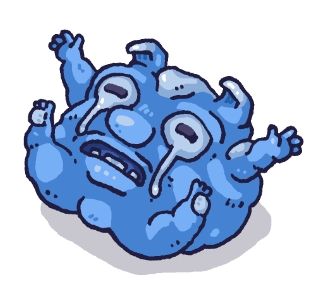 A lovely blue baby alien with eye whites like those of a runny fried egg.