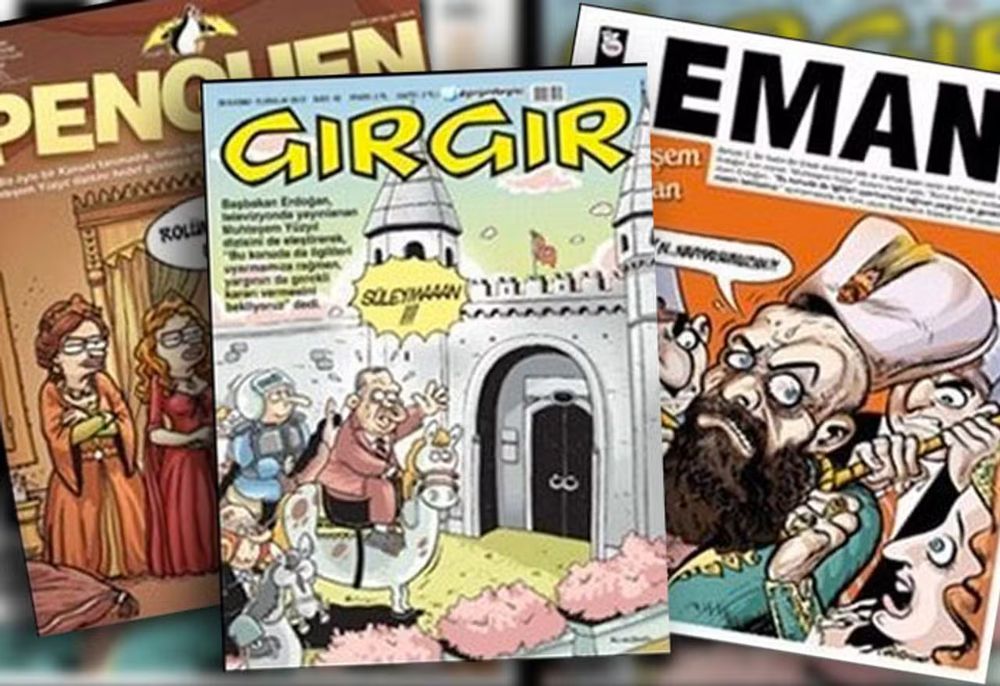 Trois unes de journaux satiriques turcs : Gırgır, Penguen et LeMan.