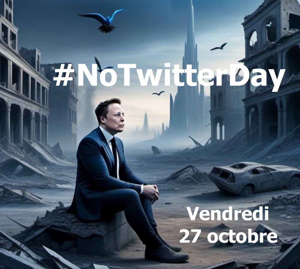 Sur une image créée par IA, Elon Musk est assis au milieu d'un paysage urbain apocalyptique gris bleu. Quelques oiseaux bleus volent au-dessus de lui. Un hashtag #NoTwitterDay est inscrit sur l'image, ainsi que la date "Vendredi 27 octobre".