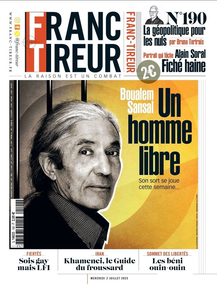 Une du n° 190. de Franc-Tireur :  A côté de son portrait en noir et blanc, le titre "Boualem Sansal, un homme libre".