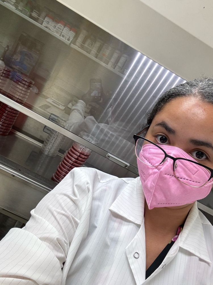 Me in my pink KN95 mask and barrier lab coat showing you all the media plates I’m making. So scientific.