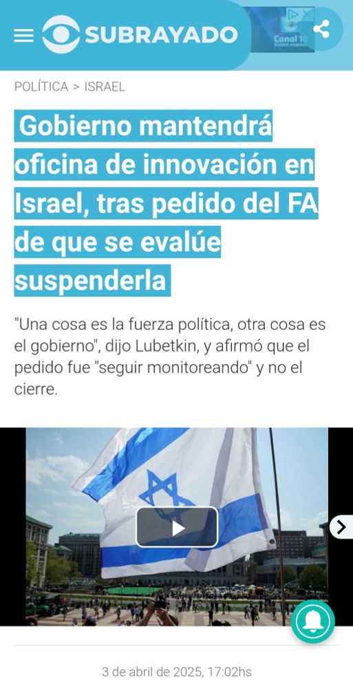 Titular donde canciller uruguayo Lubetkin defiende mantener oficina para intercambio tecnológico con Israel