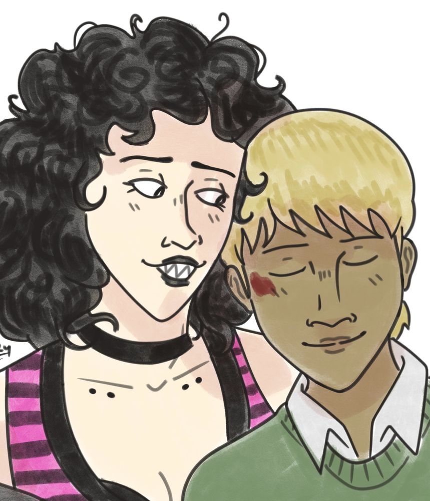 A digital colored drawing of two original characters in love. One character is smiling and gazing at the other character, who is leaning against them.