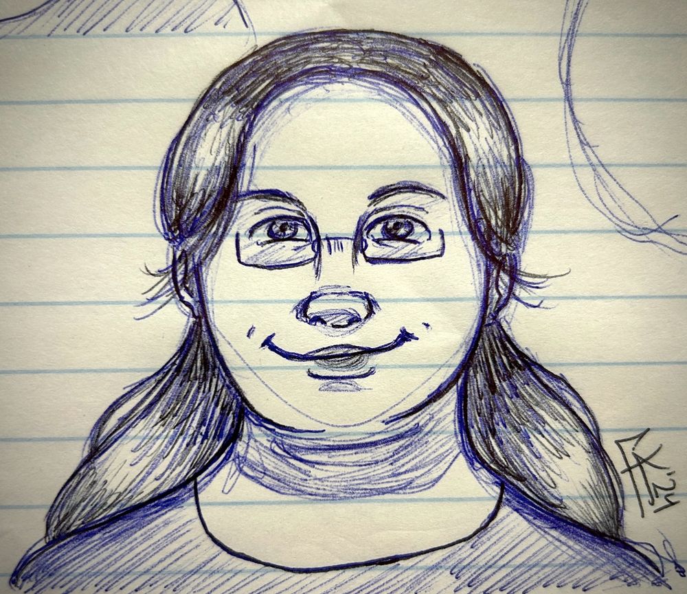 A traditional pen drawing of an original character. The character is a 13-year-old girl with long hair and glasses who is smiling with dimples.