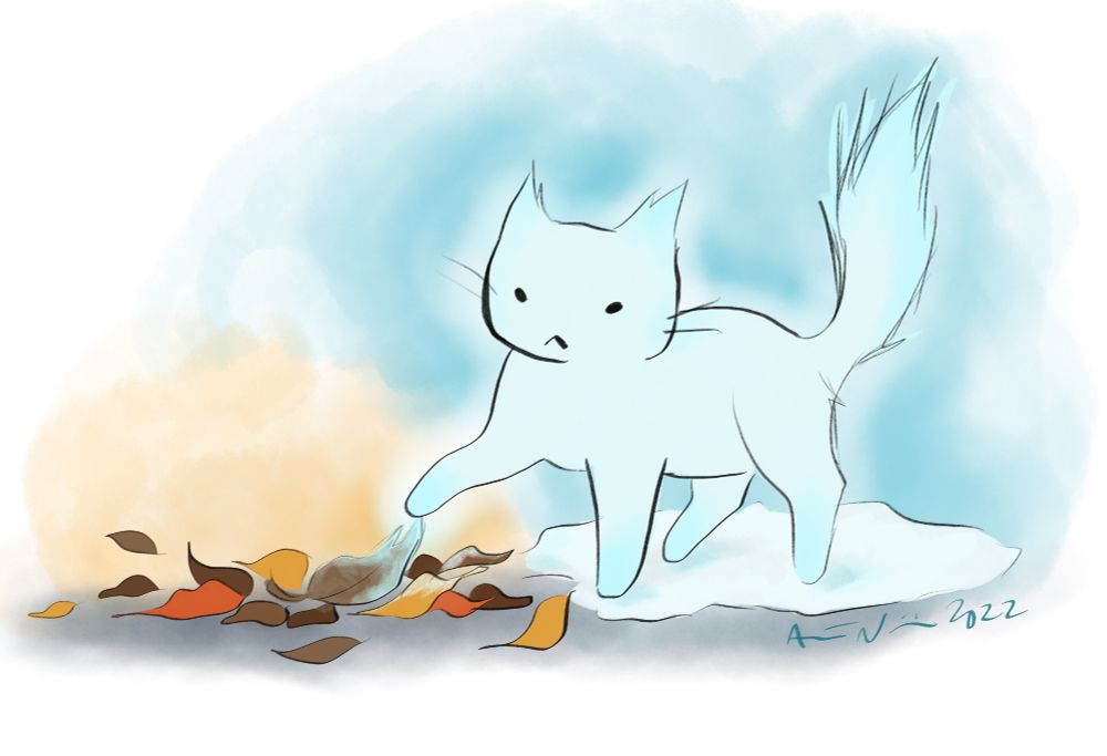 A magical frosty cat freezing some dead leves on the ground.
