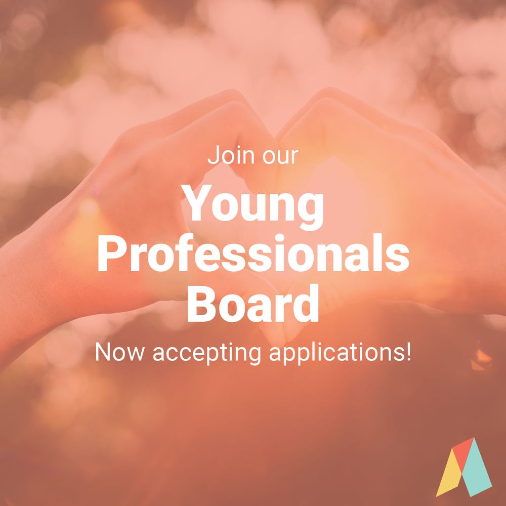 two hands making a heart shape in the background, with the words "Join our Young Professionals Board, Now accepting applications!" overlayed, with the Ascend Justice logo in the bottom right corner