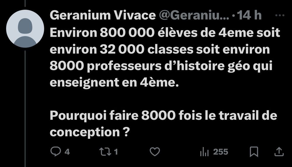 Environ 800 000 élèves de 4eme soit environ 32 000 classes soit environ 8000 professeurs d'histoire géo qui enseignent en 4ème.
Pourquoi faire 8000 fois le travail de conception ?