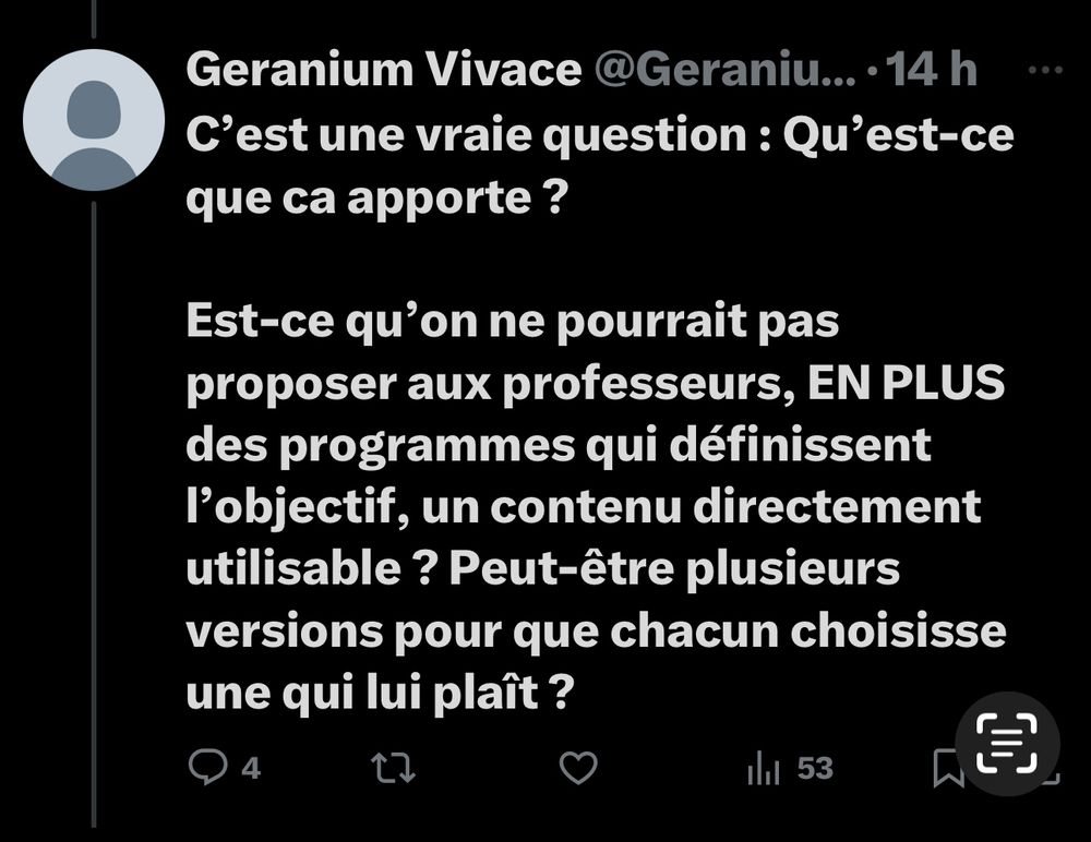 C'est une vraie question : Qu'est-ce que ca apporte?
Est-ce qu'on ne pourrait pas proposer aux professeurs, EN PLUS des programmes qui définissent l'objectif, un contenu directement utilisable ? Peut-être plusieurs versions pour que chacun choisisse une qui lui plaît ?