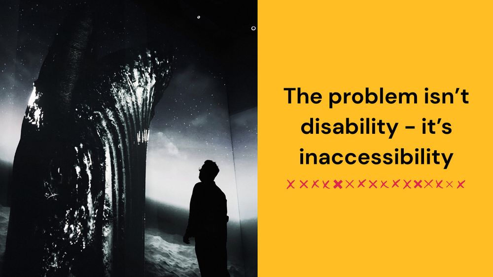 An immersive art piece - a wall is illuminated with an image of a large whale coming out of the water. The skies are dark grey. A man stands in front of it looking up at the whale. Text reads: The problem isn’t disability - it’s inaccessibility.
