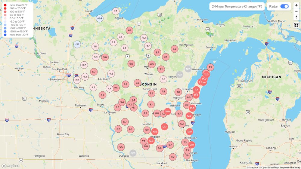 Map showing the 24-hour temperature change for Wisconet stations across Wisconsin. Temperatures up to 15 degrees warmer are showing up along the Lake Michigan coast.