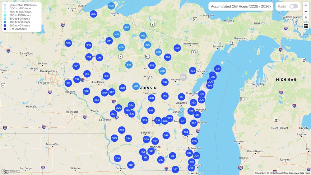 Map showing the number of accumulated chill hours across Wisconsin between October 1 and November 13, 2025.