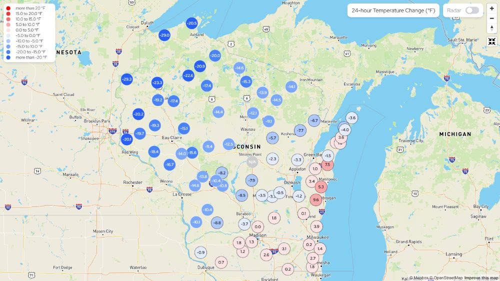 Map showing the 24-hour temperature change across Wisconsin.