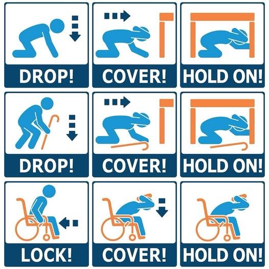 Three examples of what to do in the event of an earthquake, dependent on whether you are ambulatory, use a cane, or use a wheelchair.

In all cases, cover your head and neck, and hold on until the shaking stops.