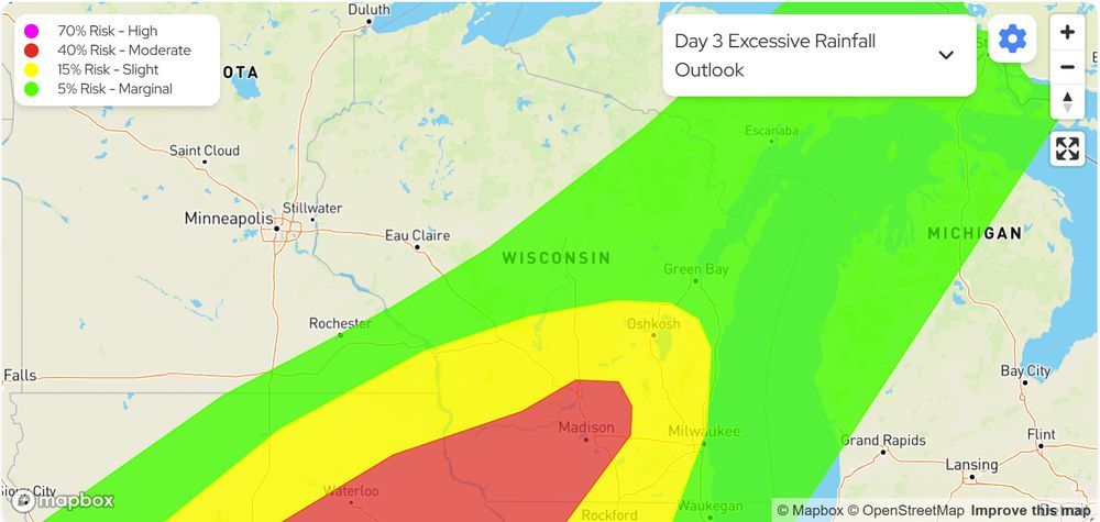 Map of Wisconsin showing the level 3/4 risk of excessive rainfall over southwestern and south-central Wisconsin on August 10.