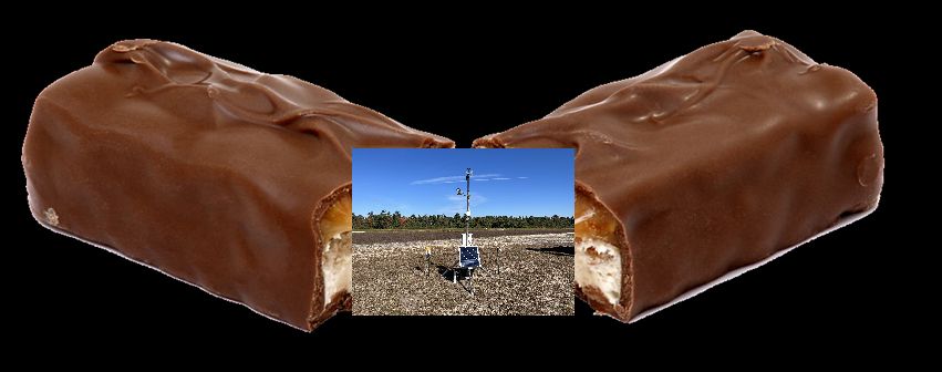 A snickers bar with a picture of a weather station inside it.