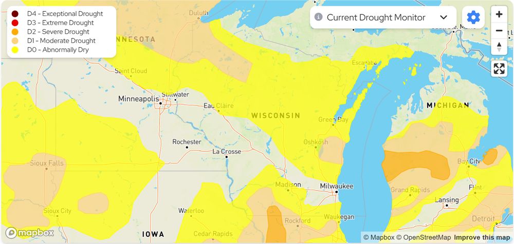 The latest drought monitor showing increasing drought conditions across Wisconsin, including Severe Drought over portions of Green and Lafayette Counties.