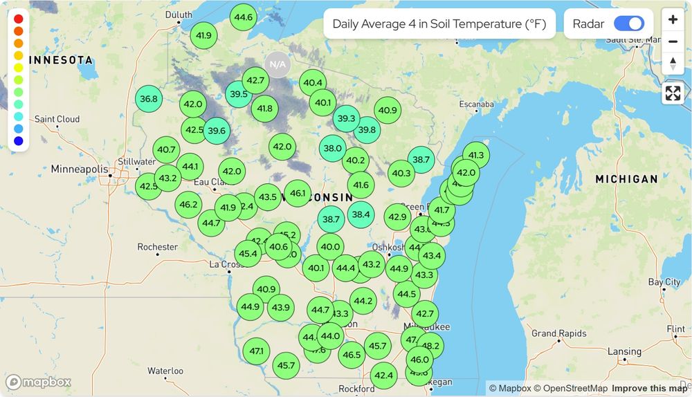 The average 4" soil temperature for November 5. Soil temperatures are well above freezing.