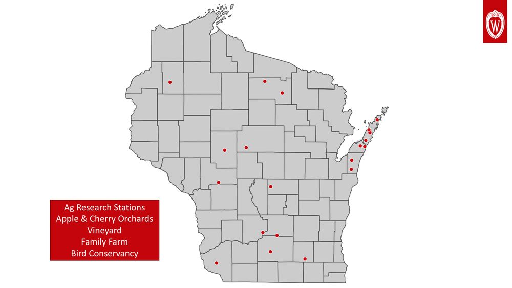 Map of Wisconsin showing a smattering of 20 red dots representing the locations of Wisconet weather stations