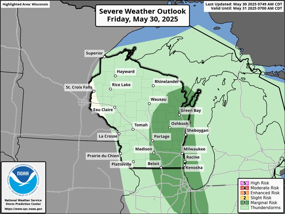 There is a level 1/5 risk of severe weather over eastern Wisconsin for small hail and gusty winds on May 30.