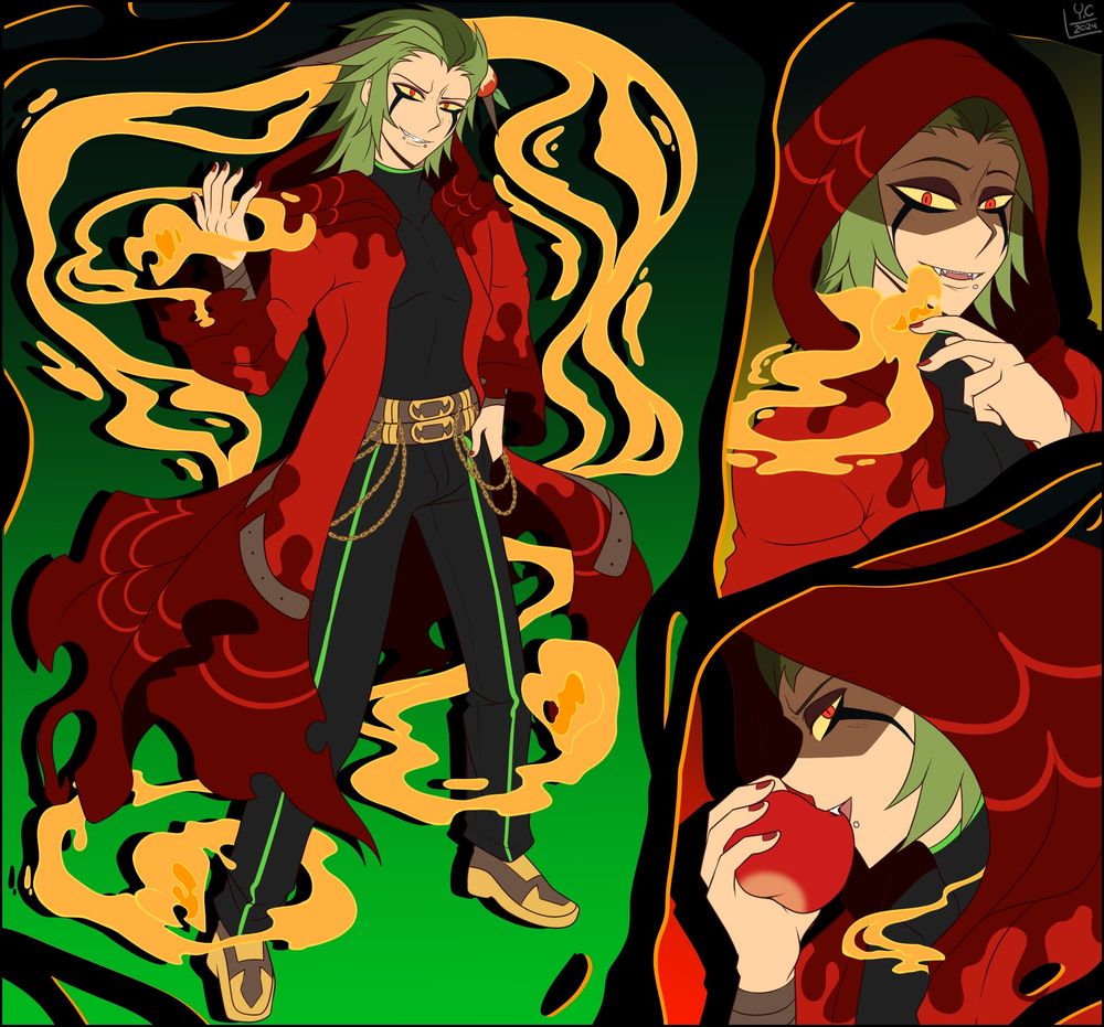 Hydrapple gijinka Hazard, posing for the camera in a ref. Splash screens with his hood up and biting an apple to show his fangs. The serpents are made of syrup.