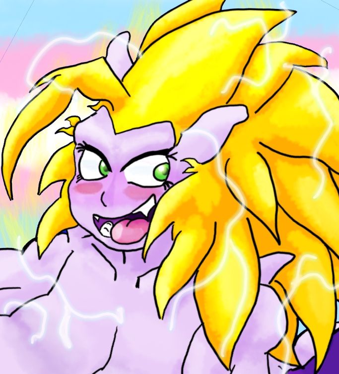 Digital art of FusionWarrior, the transgender woman Saiyan human hybrid permanently fused with a Mewtwo, probably topless, blushing profusely while looking behind her, mouth agape and tongue out,  drooling a bit. She is glowing yellow and emitting electricity, and the background is the transgender flag. 