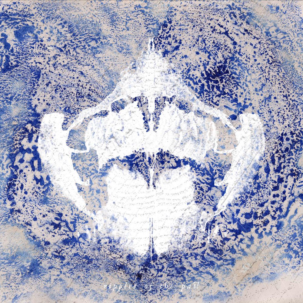 Album cover for Ripples of the Past by Ray Curenton. Abstract blue and white symmetrical pattern resembling an inkblot, with textured and marbled background details.