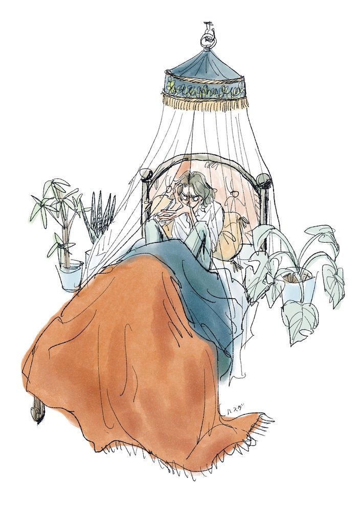 植物に囲まれた天蓋付きのベッドに座って、不機嫌そうな表情で顔に手を当てている人の絵