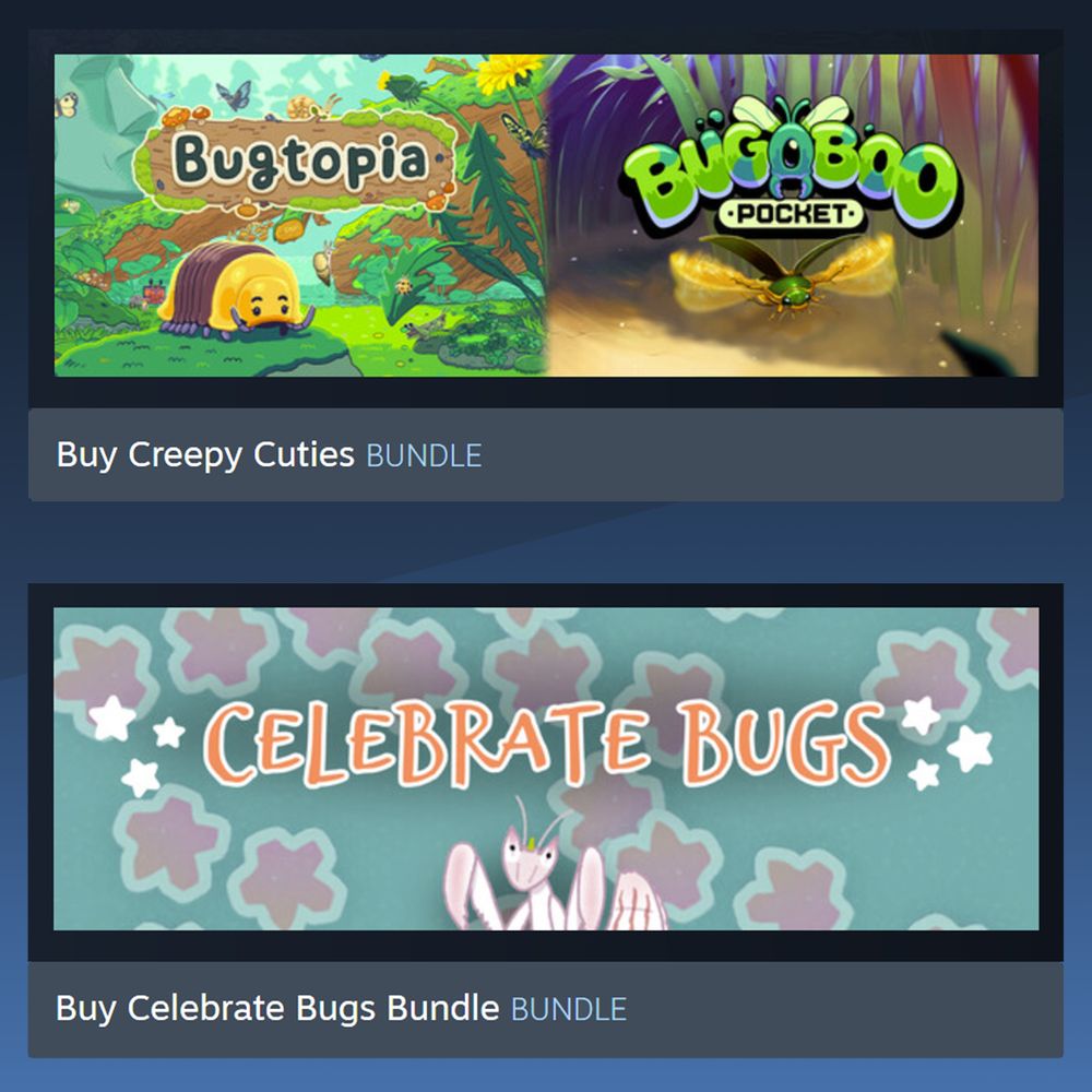 Two capsule images: The first depicts both Bugtopia and Bugaboo Pocket as being part of the Creepy Cuties Bundle. The second depicts a cute orchid mantis 