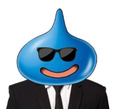 a dragon quest slime with black sunglasses and a black suit a la d.b. cooper