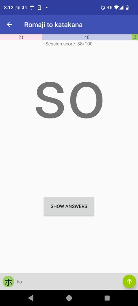 "Romaji to katakana" mode of a Japanese learning app on a phone. A progress bar on the top of the app represents 2 katakana as "green" (ie., credits the user as being able to recognize them), 48 as "gray" (ie., most recent attempt was correct but still not consistent), and 21 as "red" (the app thinks the user does not know these katakana)