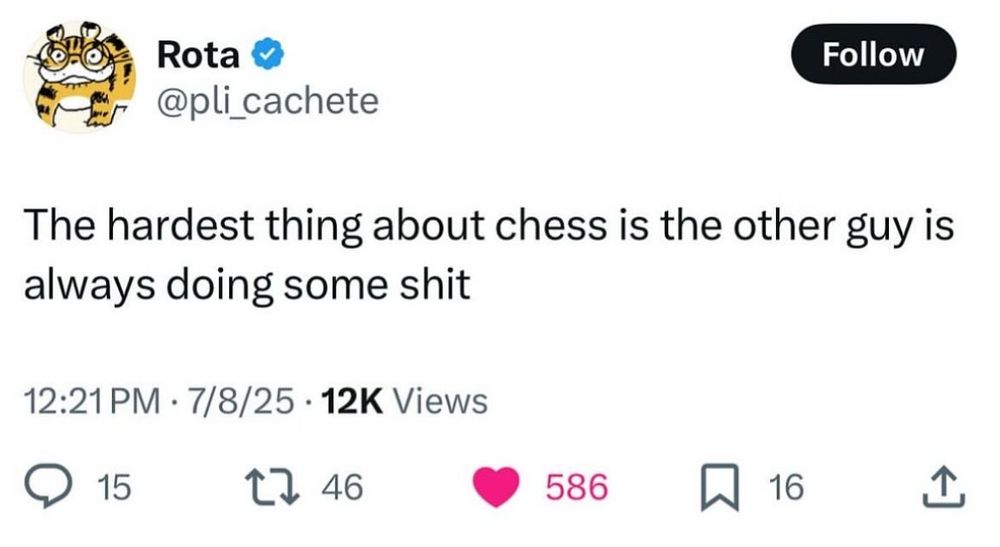 Tweet by Rota, @pli_cachete:

The hardest thing about chess is the other guy is always doing some shit.

The tweet is favorite'd, and there are 586 likes