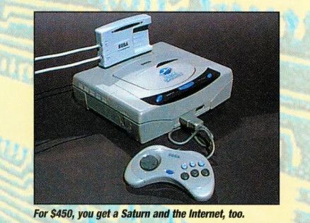 A photo of a gray Sega Saturn with a white Netlink cartridge inserted with both phone cord ports populated, the cords extending out of frame. Caption: "For $450, you get a Saturn and the Internet, too."