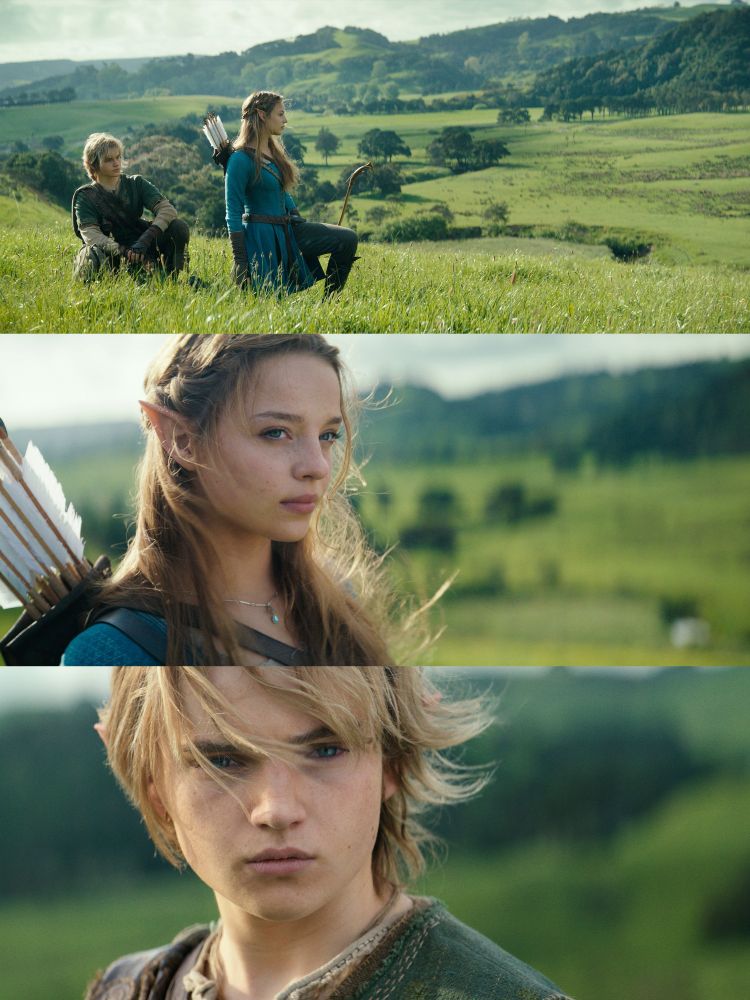 Three stacked photos of actors on a movie set. Top: live action Link and Zelda kneel in a grassy field. Middle: Side view of Zelda giving a distant, smoky expression. Bottom: Front view of Link giving a distant, smoky expression.