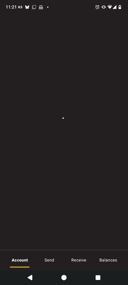 Screenshot of the "Zashi" Android app on the "Account" tab with a 'loading' circle on the center of an otherwise blank screen.